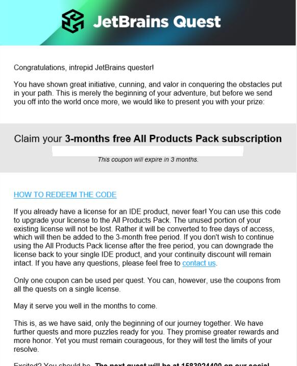JetBrains Quest奖励发放邮件